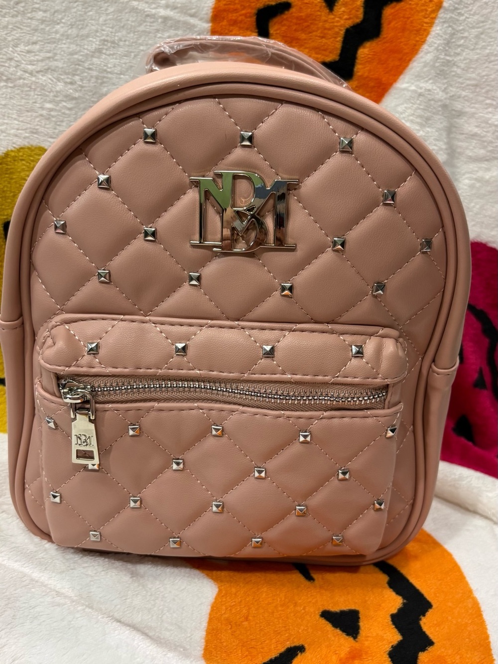 Badgley Mischka Quilted Blush Pink Mini Backpack with Silver Studs
